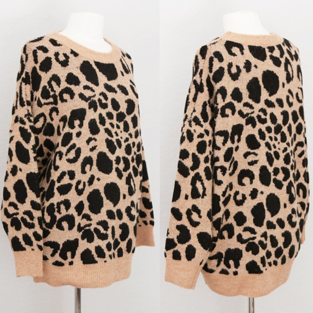 Camel Beige Leopard Crewneck Oversize Cozy Sweater - Picture 6 of 8